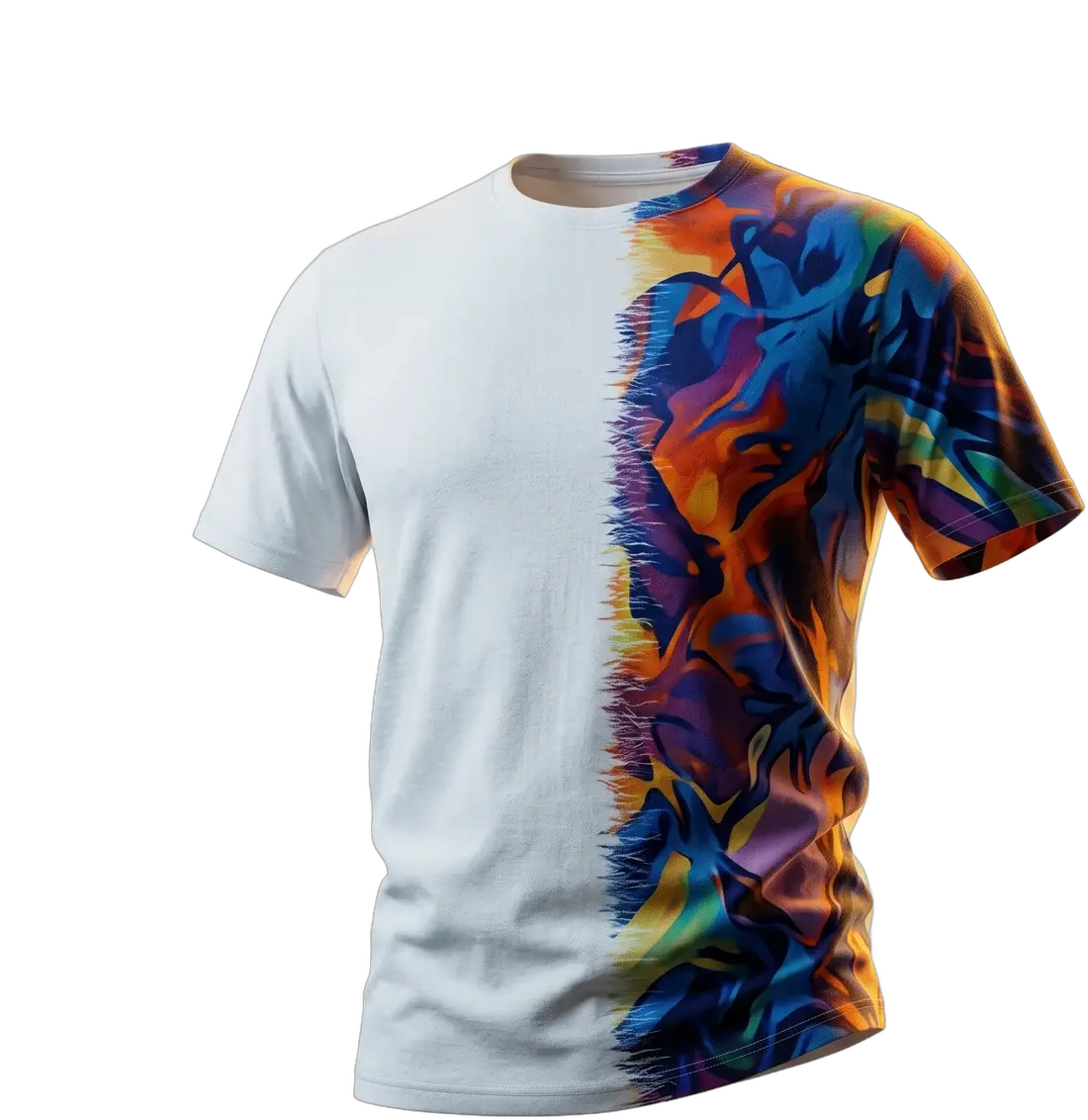 Tricou surprins la jumătatea printării: o parte încă albă, cealaltă deja colorată